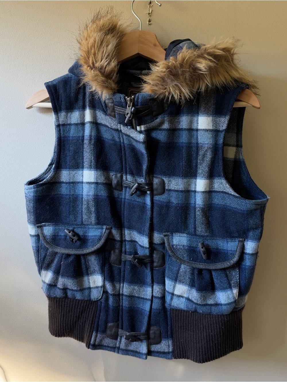 Old Navy Y2K Plaid Vest with Faux Fur Hood